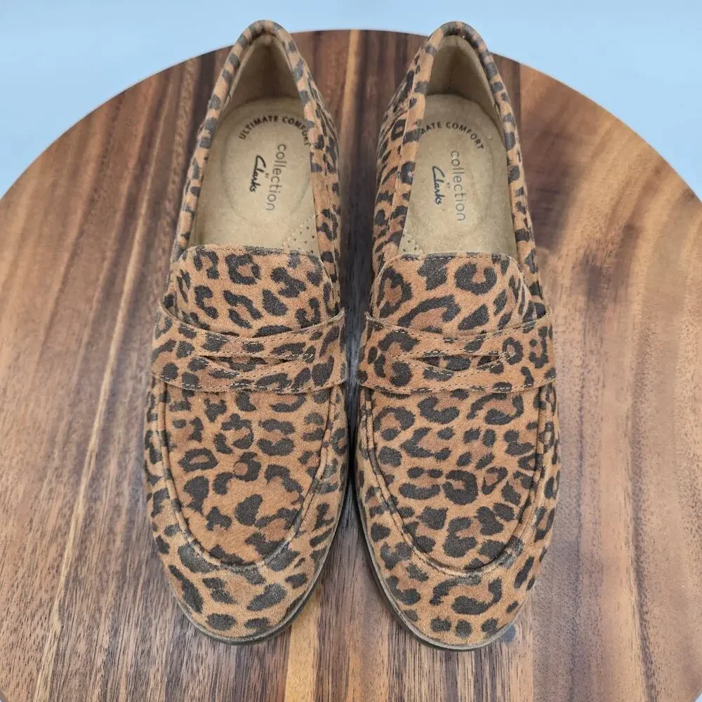 Clarks Shoes Women's 6 M Leopard Print Suede Leather Trish Comfort Penny Loafers